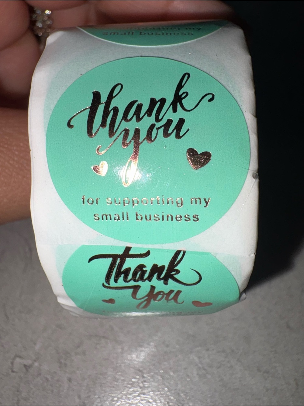 Thank You Sticker Roll - Mint Green with Rose Gold Lettering 500 ct